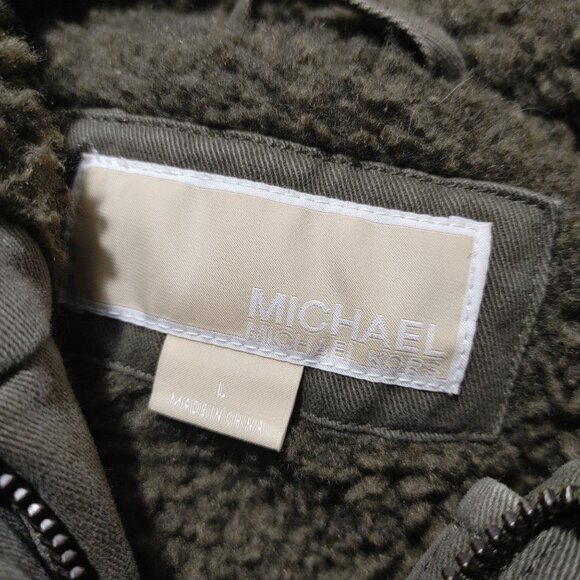 Michael Kors Hooded Parka Coat Size Large Olive Faux Fur Trim Sherpa Lining - Picture 3 of 14